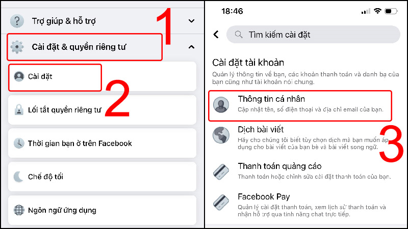 Chọn Thông tin cá nhân trong Cài đặt Facebook